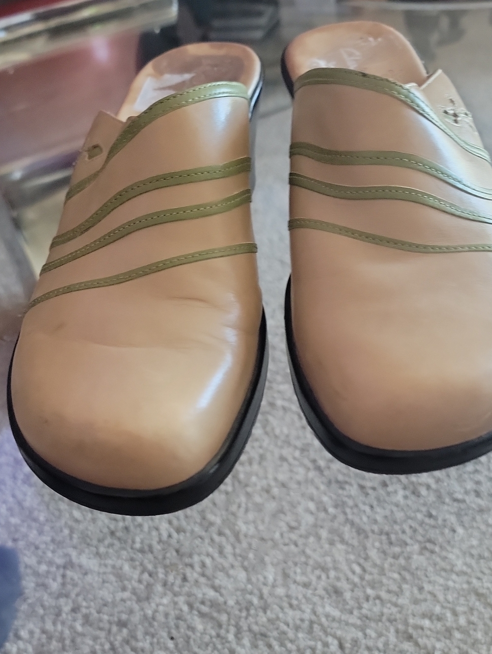 Clarks Beige Mules with Olive Trim